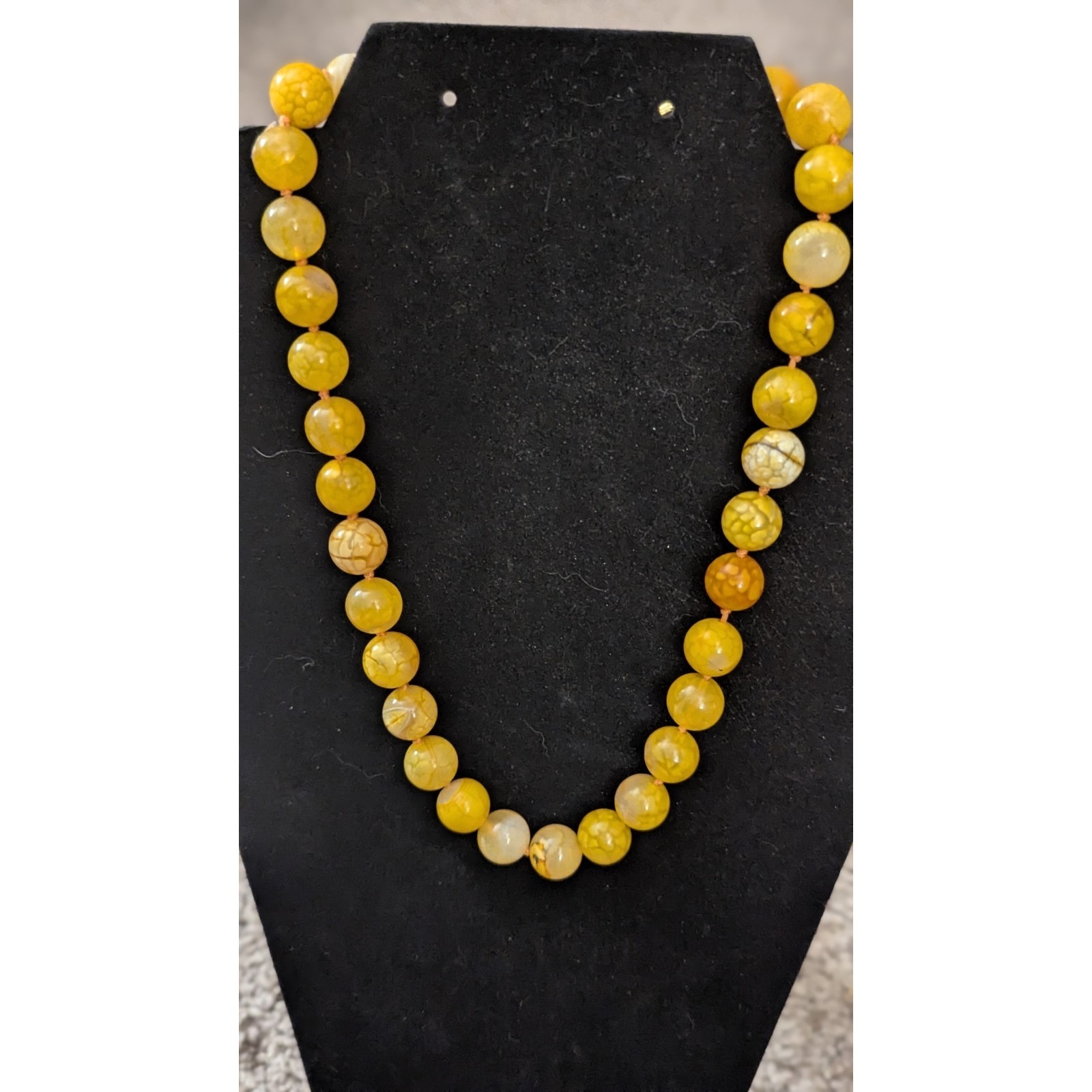 Yellow Dragon Vein Fire Agate 10mm Bead Necklace Hand Knotted 925 Clasp 18